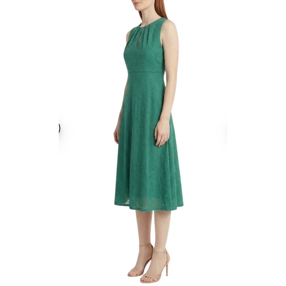 Maggy London Green Eyelet Midi Dress Sleeveless Keyhole A-Line Size 14 NEW